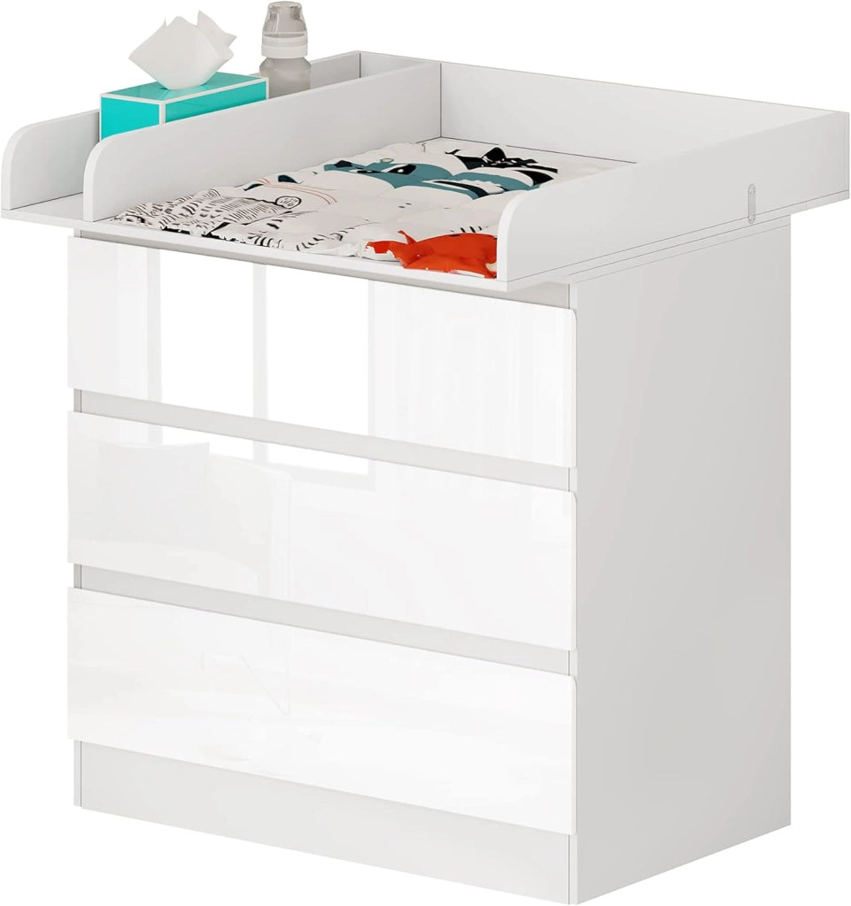 Cassettiera con Fasciatoio per Bambini, Cassettiera a 3 Cassetti, Fasciatoio con Divisorio Rimovibile, in MDF, Truciolare e Metallo, Bianco+Bianco Lucido
