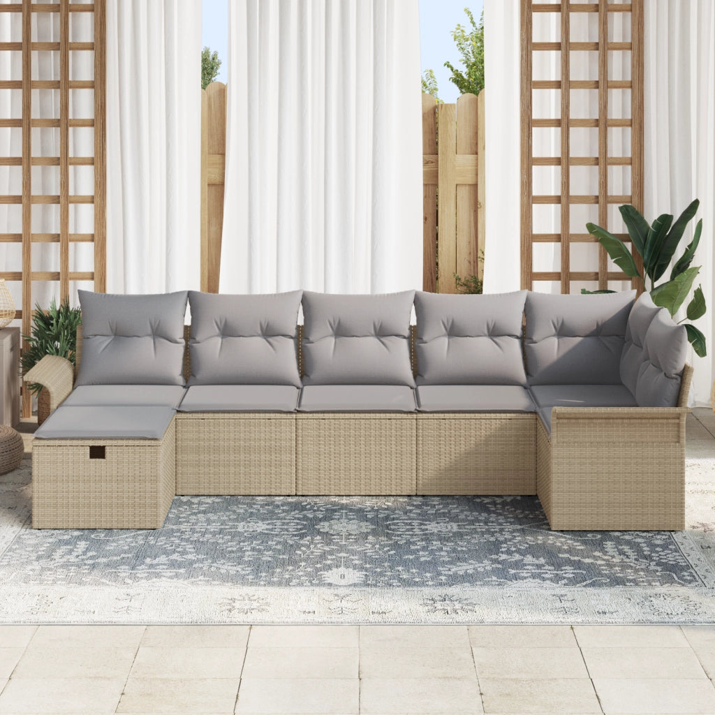 Set di divani da giardino a 7 pezzi con cuscini Beige Poly Rattan