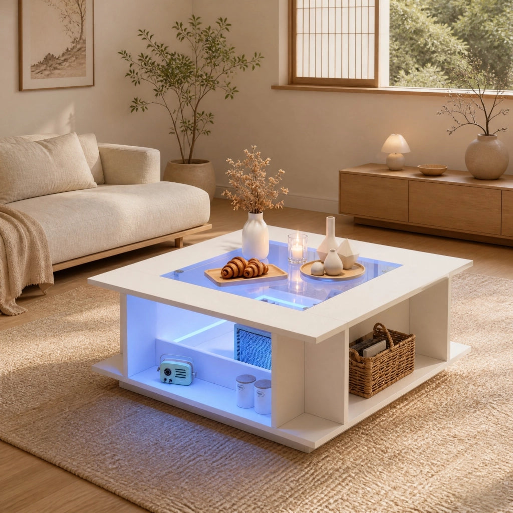 Tavolino da salotto quadrato 70¡Á70¡Á30 cm bianco con piano in vetro, finitura lucida, illuminazione LED e contenitore