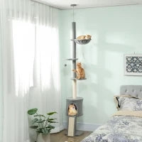 Albero per Gatti da Pavimento a Soffitto, di Altezza Regolabile 220-240cm, con Amaca, Piattaforme a Fiore, Tana, Rampa e Pallina, Grigio Chiaro