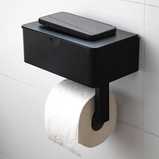 Toiletrolhouder Premium senza forare, inclusa colla speciale (adeguata presa estremamente forte). Toiletrolhouder con cassetta/box per asciugamani umidi - Toiletrolhouder con piastra (nero)