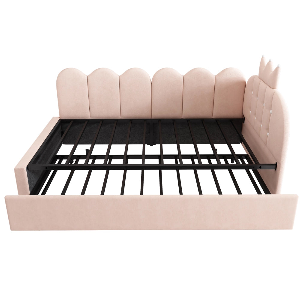 Letto per bambini 90x200 cm, testiera a forma di corona, con letto estraibile, in velluto, rosa