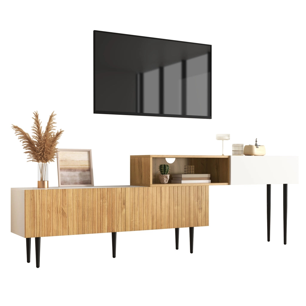 Mobile TV Modulare 2 Pezzi con 3 Ante a Ribalta e Passacavi; Stile Moderno; 240??30??63;5 cm; in MDF; Bianco e Legno