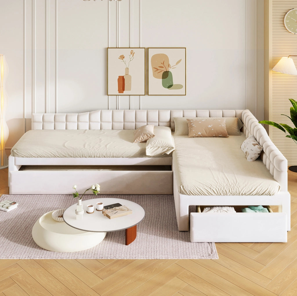 Letto a L 90x200 cm con letto estraibile e cassetti in flanella beige
