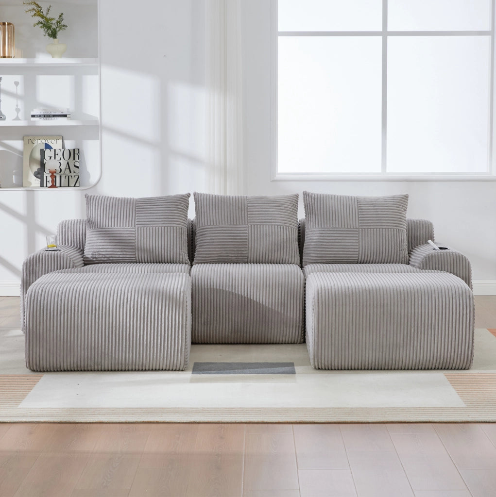 Divano modulare 3 posti 268x174 cm in velluto a coste con 2 pouf grigio chiaro HAVRYA