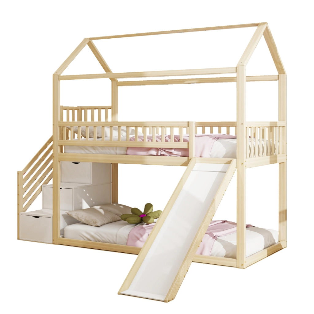 Letto a Soppalco 90x200 cm; Letto Singolo - con Scivolo e Scala Contenitore - in Legno
