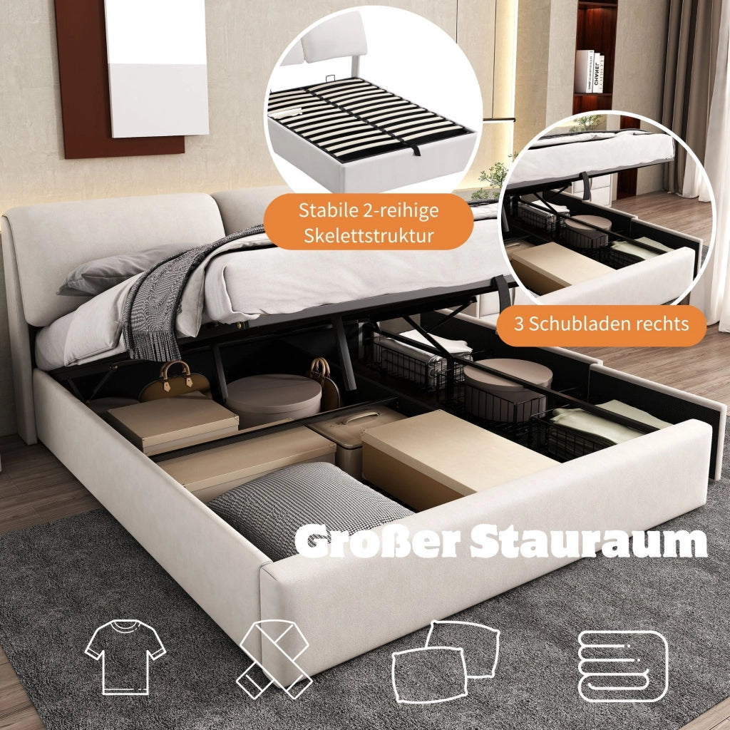 LETTO Contenitore Idraulico 140x190 cm Velluto Beige con Testiera e 3 Cassetti