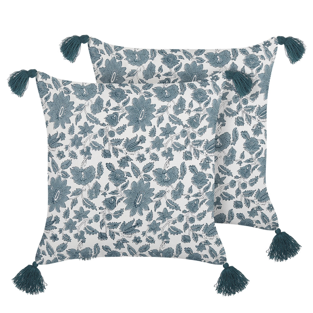 Set di 2 cuscini decorativi cotone bianco e blu 45 x 45 cm motivo geometrico stampa a blocchi con nappe accessori stile boho