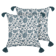 Set di 2 cuscini decorativi cotone bianco e blu 45 x 45 cm motivo geometrico stampa a blocchi con nappe accessori stile boho