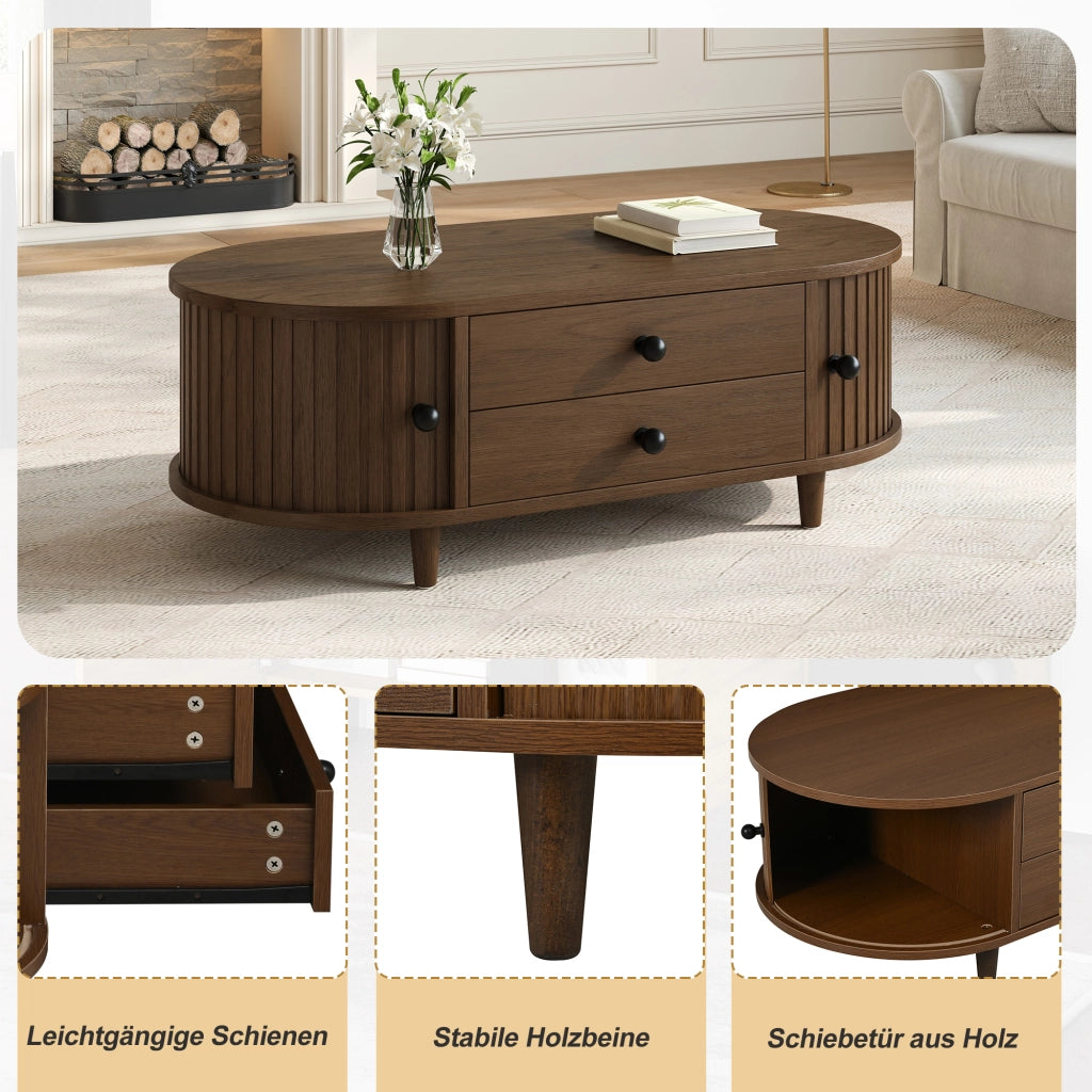 Tavolino basso con 2 cassetti e ante scorrevoli, in MDF con gambe in legno massello, noce 100 × 50 × 36 cm