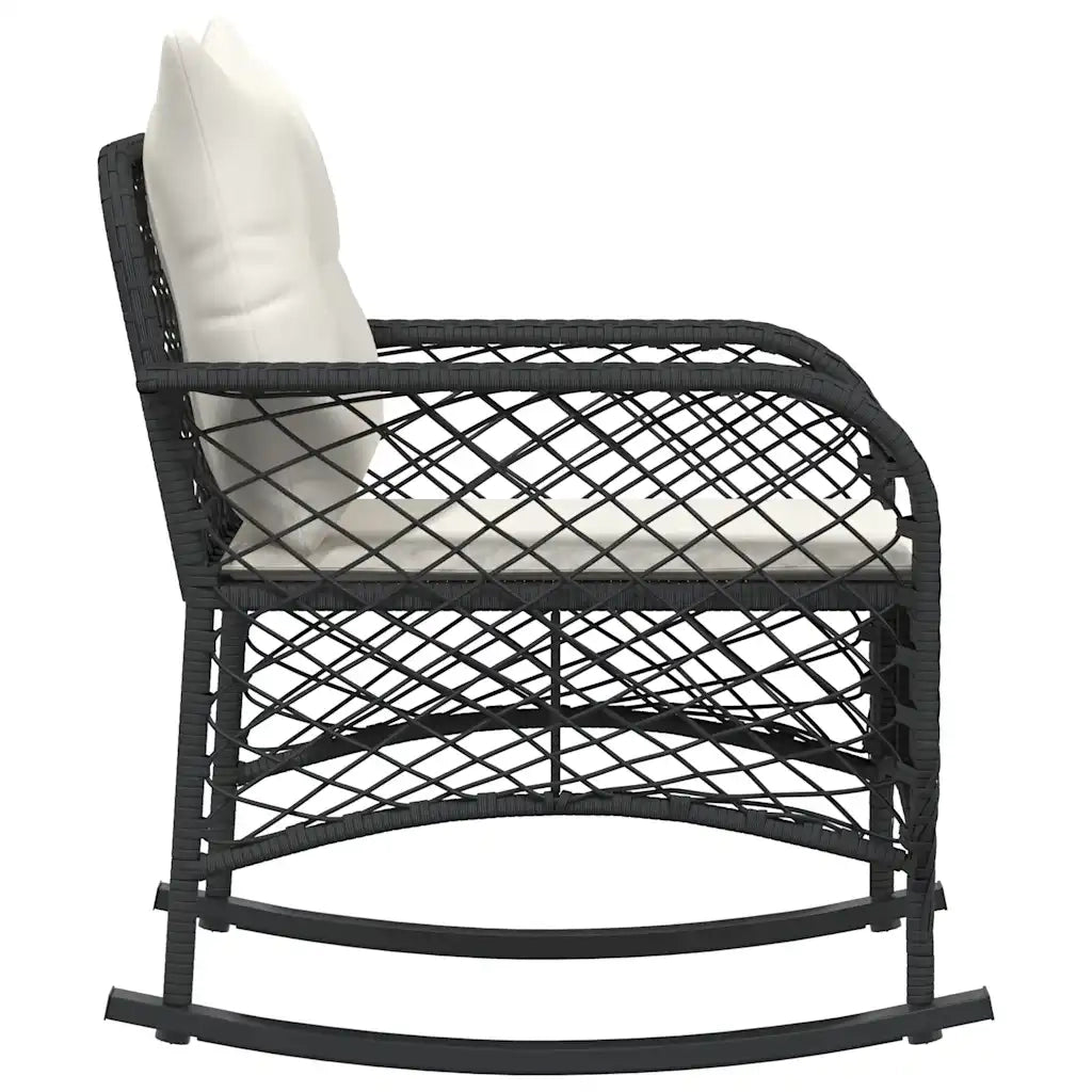 Sedia a Dondolo da Giardino con Cuscini in Polyrattan Nero