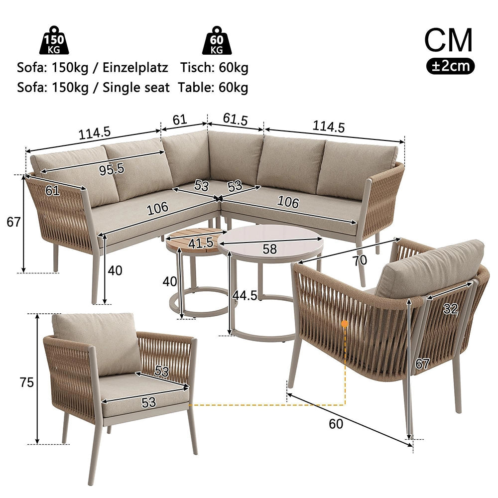 Set da giardino per 5-6 persone - Xylo - Rattan PE impermeabile con cuscini, beige