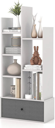 Libreria in Legno a 7 Piani, Scaffale Multifunzionale con 1 Cassetto e 7 Scomparti, Scaffale Espositivo per Soggiorno Studio Ufficio, 53x24x118 cm (Bianco, 1 cassetto)