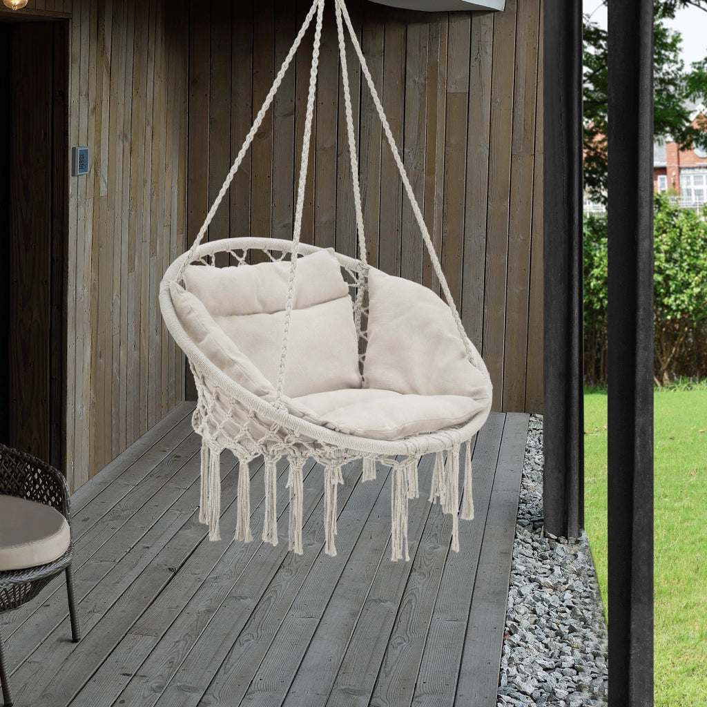 Poltrona Sospesa con Cuscini Altezza Completa di Sostegno 135 cm Altalena Relax Poltrona Appendibile per Interno / Esterno - Supporto Fino a 150 kg - Color Crema