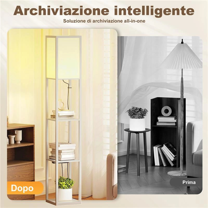 LAMPADA DA TERRA CON RIPIANI, LUCE REGOLABILE, INTERRUTTORE A PEDALE E PORTE USB, BIANCO