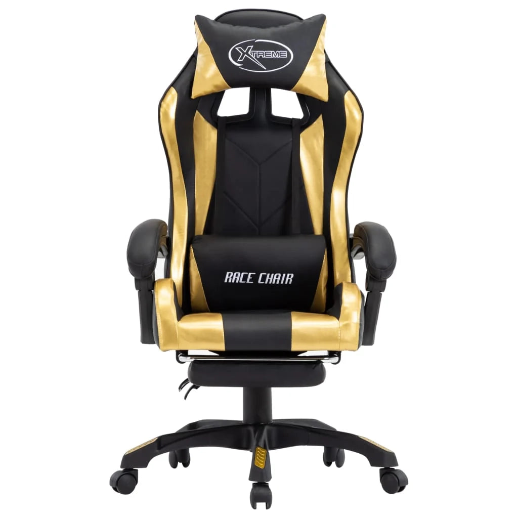 Sedia girevole da ufficio/studio per computer videogiochi con poggiapiedi. Oro e similpelle oro. 02_0024218