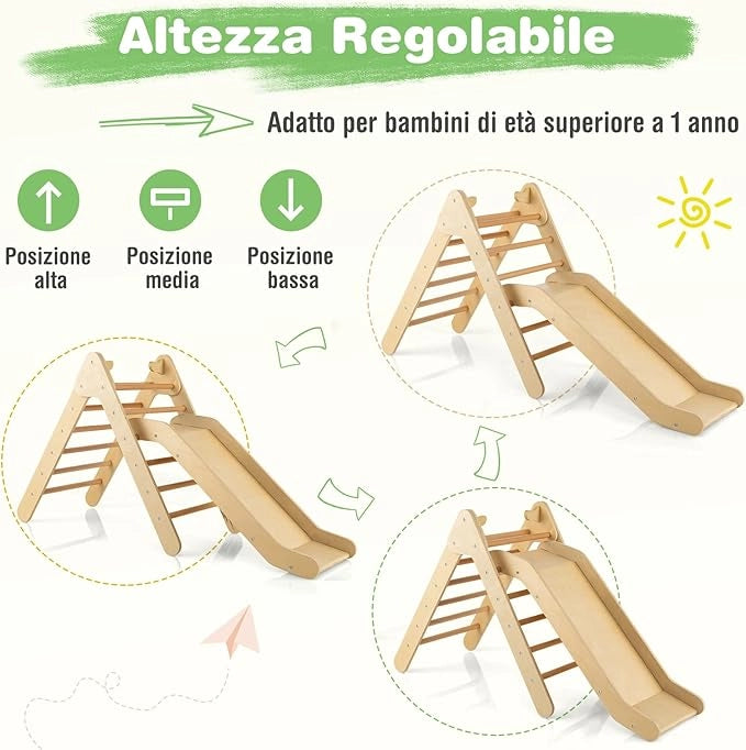 2 in 1 Set da Arrampicata con Scivolo per Bambini, Triangolo di Arrampicata in Legno Regolabile a Gradi, Giocattolo per Arrampicarsi all’Interno, 1 Anno+ (Naturale)