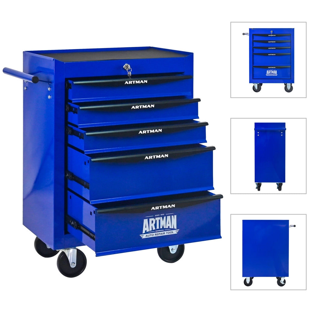 Carrello portautensili con 5 cassetti, ruote piroettanti, serratura e struttura in acciaio, per garage, nero e blu