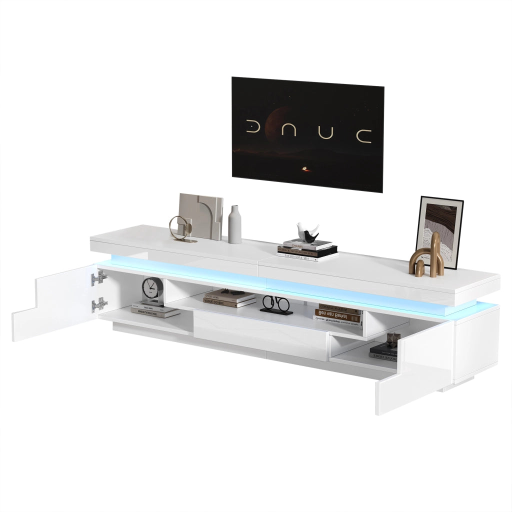 Mobile TV con LED ¨C MINIMAL ¨C Bianco Lucido, 2 Ante, 1 Cassetto, 175x38x45 cm