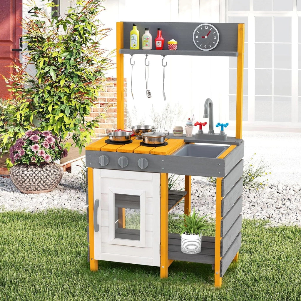 Cucina Giocattolo in Legno, Cucina per Bambini all'Aperto con Fornelli, Lavabo Rimovibile, Rubinetto, Forno, Ganci Appesi e Mensole Portaoggetti, Set di Gioco in Legno per Bambini 3+ Anni