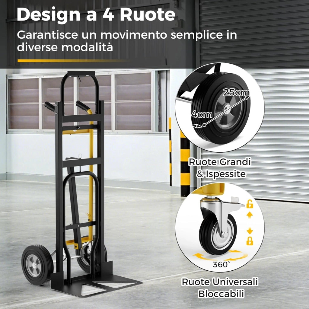 3 in 1 Carrello a Mano, Carrello Portapacchi con 4 Ruote in Gomma, Carrello Pieghevole per Trasporto e Spostamento in Magazzino, Casa, Portata Massima 450 kg