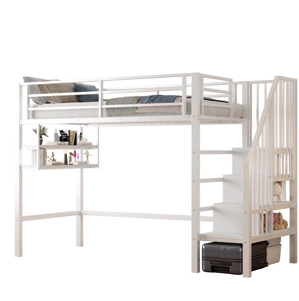 Letto a soppalco 90x200 cm con ripiani; scala contenitore e spazio libero; metallo e MDF bianco