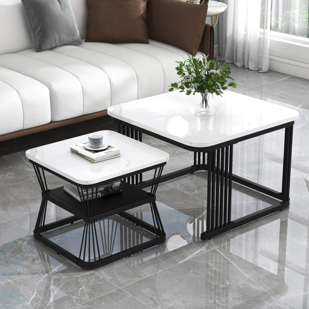 TAVOLINI Set da 2 pezzi 65x65x45 cm e 45x45x39,5 cm MDF bianco, acciaio nero