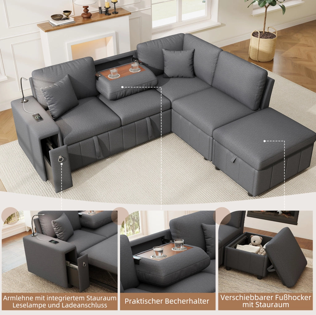 Divano angolare modulare 5 posti con letto estraibile; pouf contenitore; USB e Type-C; grigio