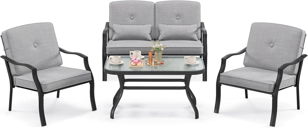 4 Pezzi Set di Mobili da Giardino, con Cuscini e Tavolino in Vetro Temperato, Struttura in MetalloSet di Divani da Esterno per Giardino Cortile e Piscina (Grigio)