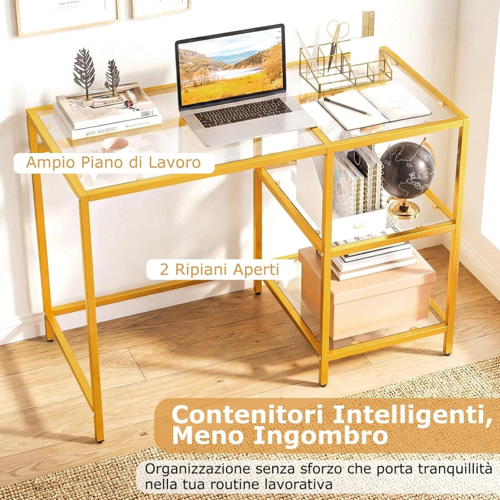 Scrivania con 2 Ripiani, Scrivania in Vetro Temperato e Acciaio, Scrittoio Salvaspazio e Moderno, Tavolo Versatile per Ingresso, Camera da Letto e Studio 106 x 51 x 77 cm (Oro)