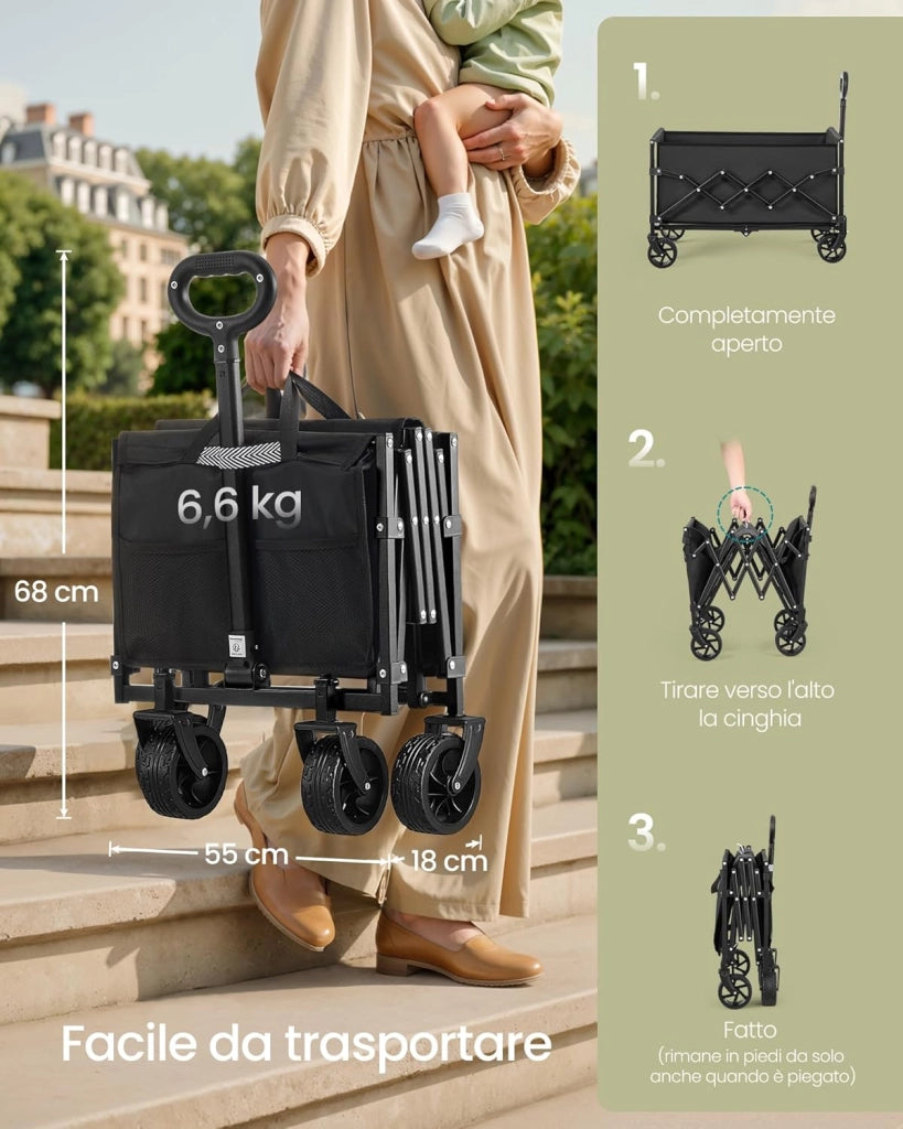 SONGMICS Carrello Pieghevole Piccolo, Carrello da Giardino, Compatto, con Manico, 4 Ruote Rinforzate di cui 2 Universali, per Esterni, Giardino, Portante di 120 kg, 150 L, Nero Inchiostro GFW150BH01