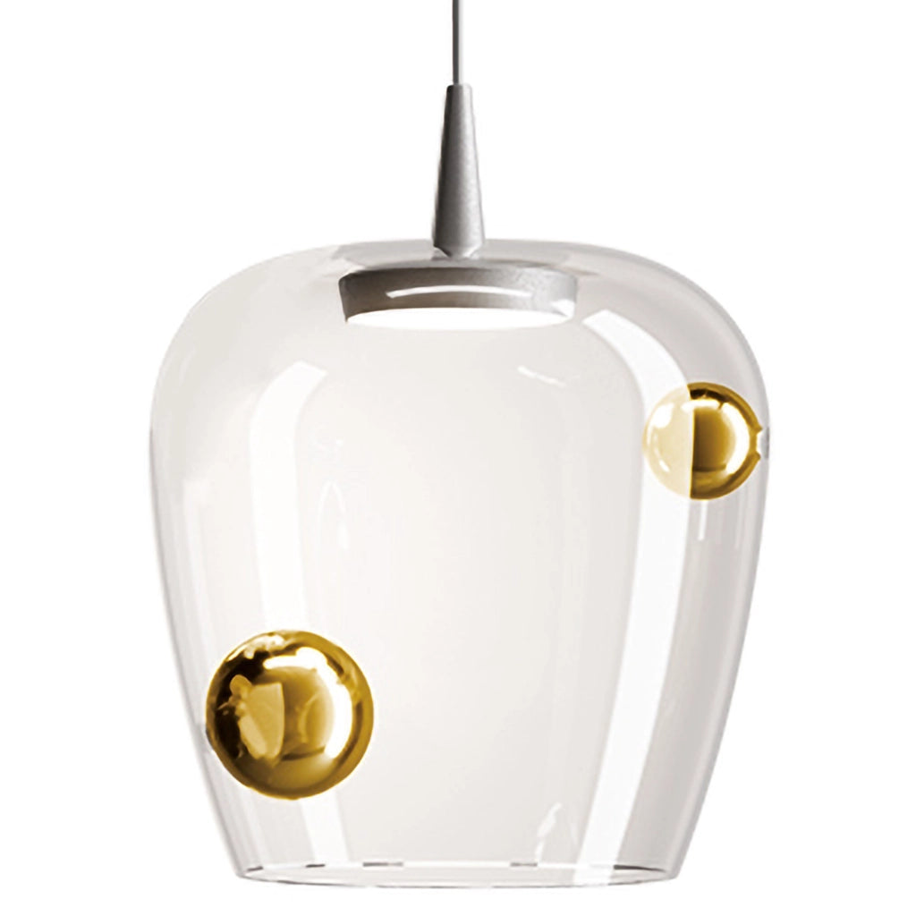 Zafferano Lampada a sospensione Bilia LED 8W 2700K in vetro borosilicato soffiato a bocca, finitura Alluminio e Bronzo, diametro 27cm, h 333cm