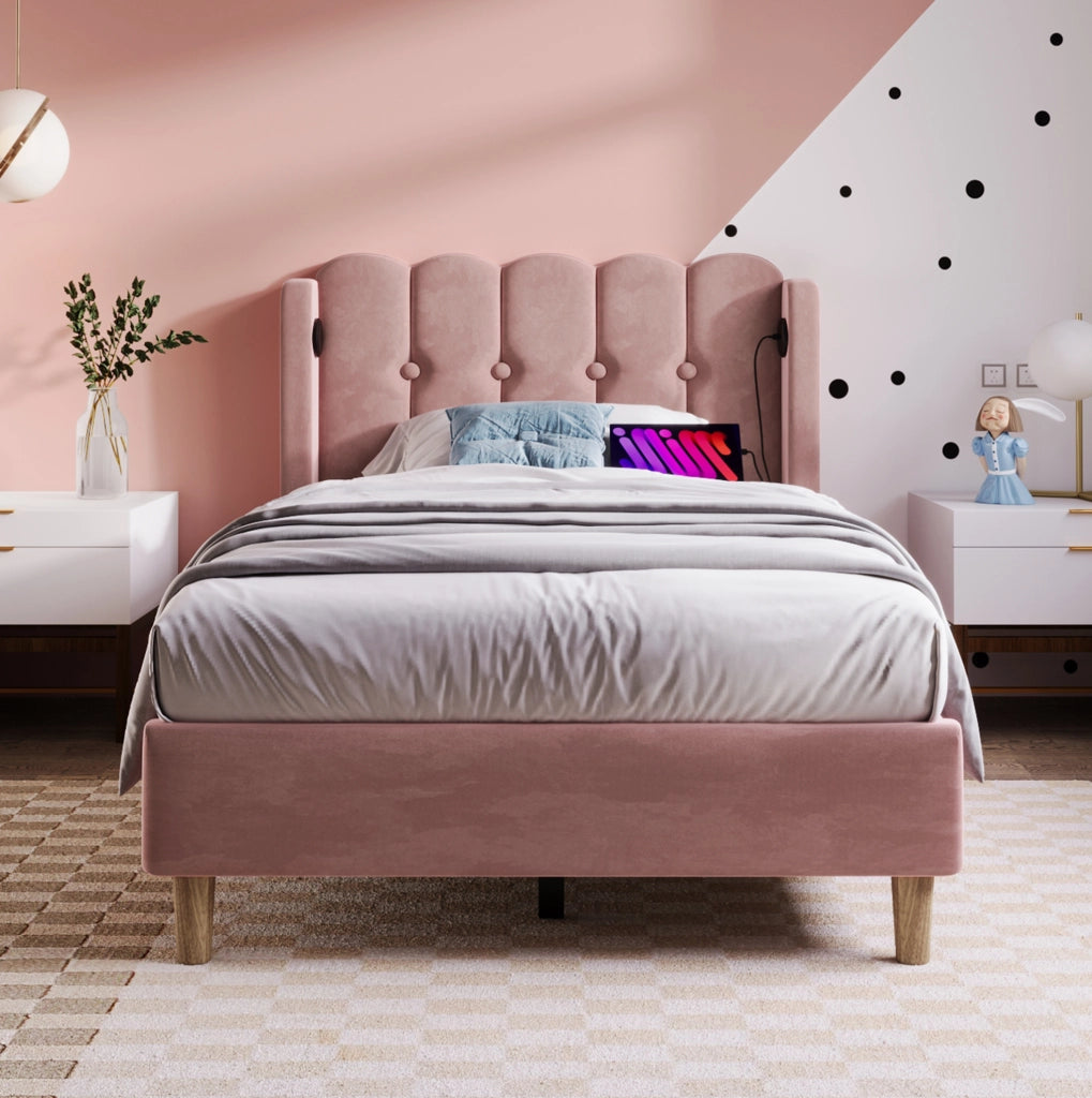 Letto singolo imbottito 90x200 cm in velluto rosa con porta USB e Type-C