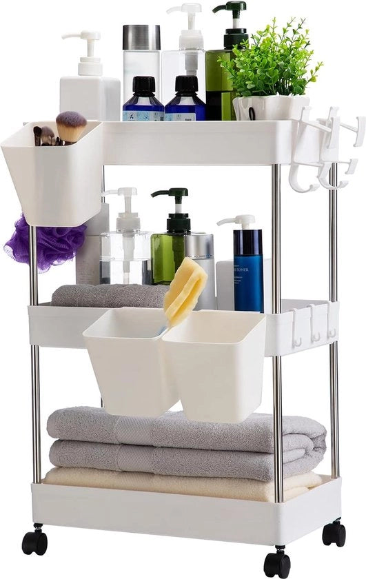 Carrello di stoccaggio, 3 livelli di contenitore di archiviazione con ruote, carrello utilizzabile con contenitori penzolanti, carrello multifunzionale per cucina, bagno, camera da letto, ufficio, bianco