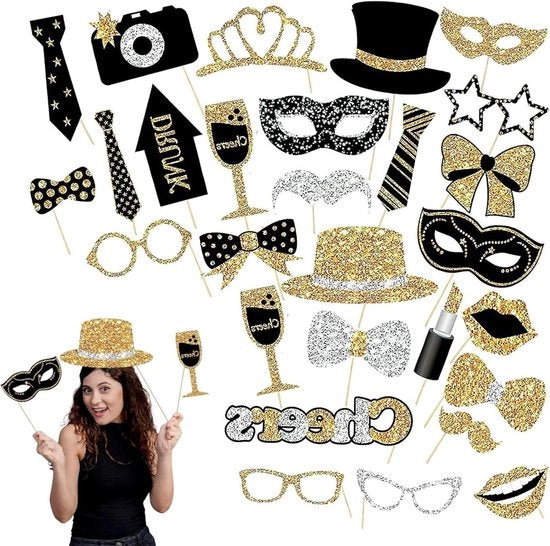 Accessori per cabine fotografiche per feste di compleanno, matrimoni, discoteche, Mardi Gras - Mix di cappelli, matite labbra, cravatte, coroncine (in oro)