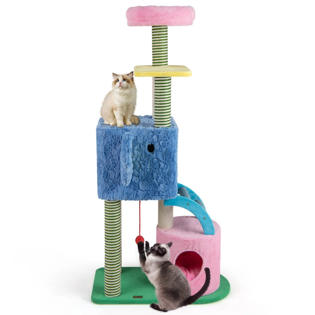 Albero per gatti a tema elefante con e ripiano imbottito e pali da graffiare, Centro di attivit¨¤ per animali domestici-Alberi Tiragraffi
