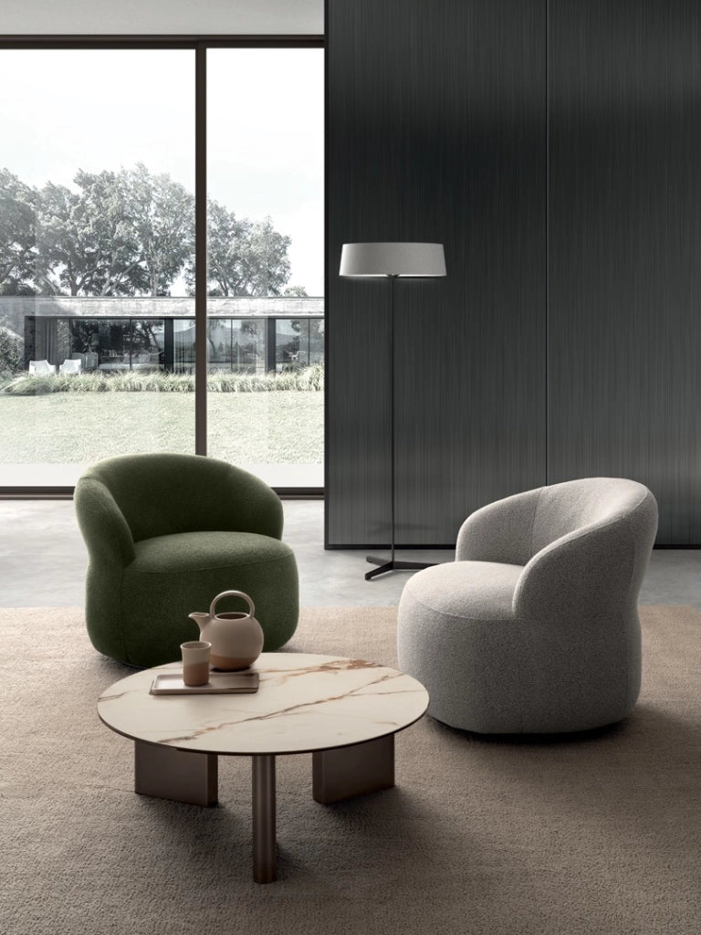 Tavolino da salotto Dot con top in ceramica su vetro marmo calacatta borghini e struttura in metallo verniciato bronzo - Ø 80 cm