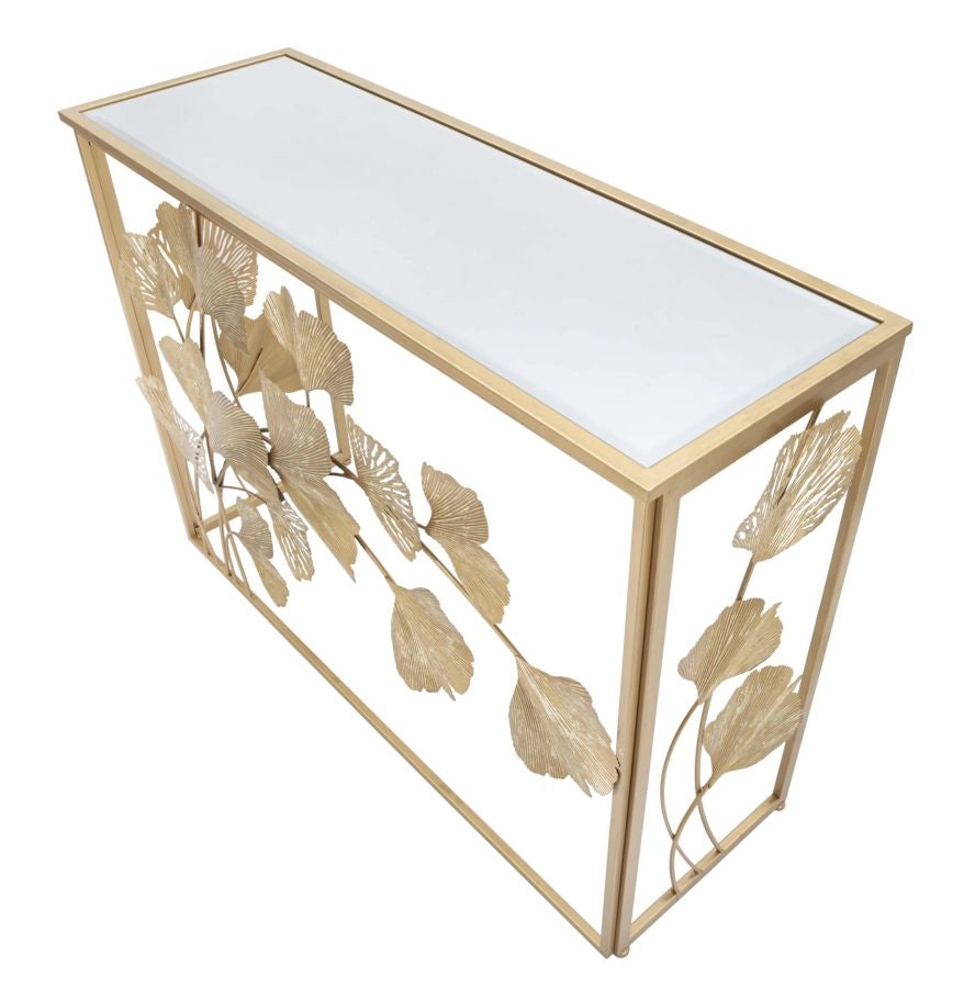 Consolle in metallo e vetro 108x36.5x80cm Leaf Oro