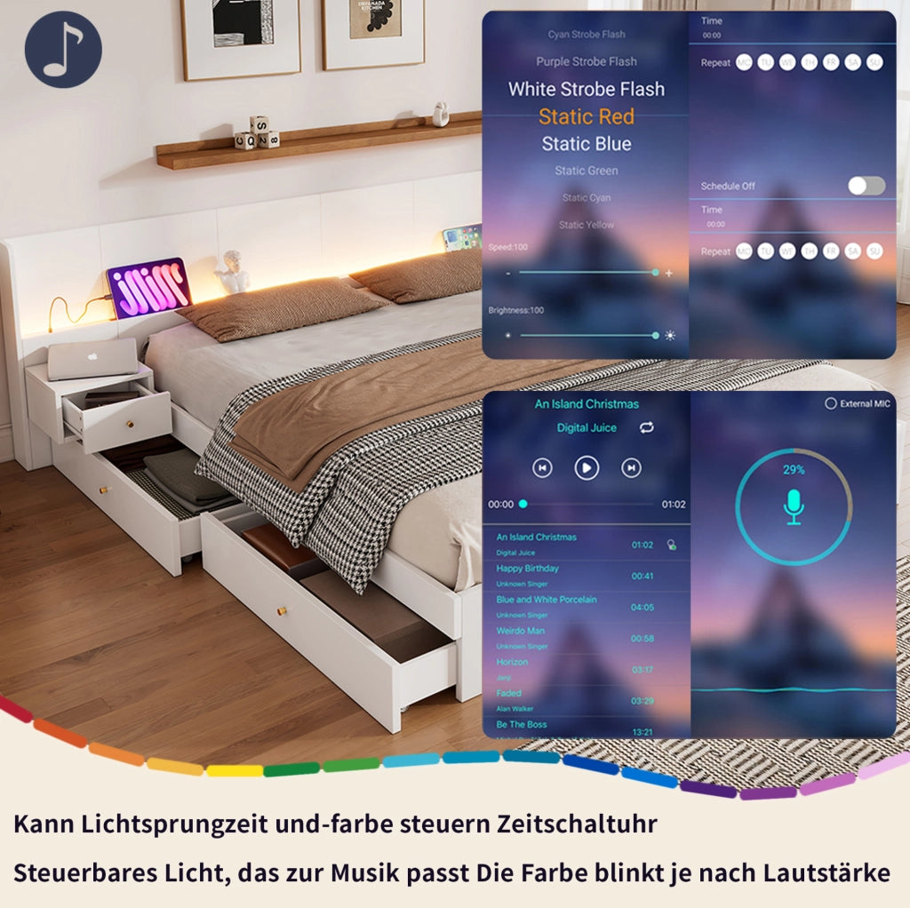 Letto matrimoniale 180x200 cm con LED; USB; presa; 2 comodini e 2 cassetti in MDF bianco
