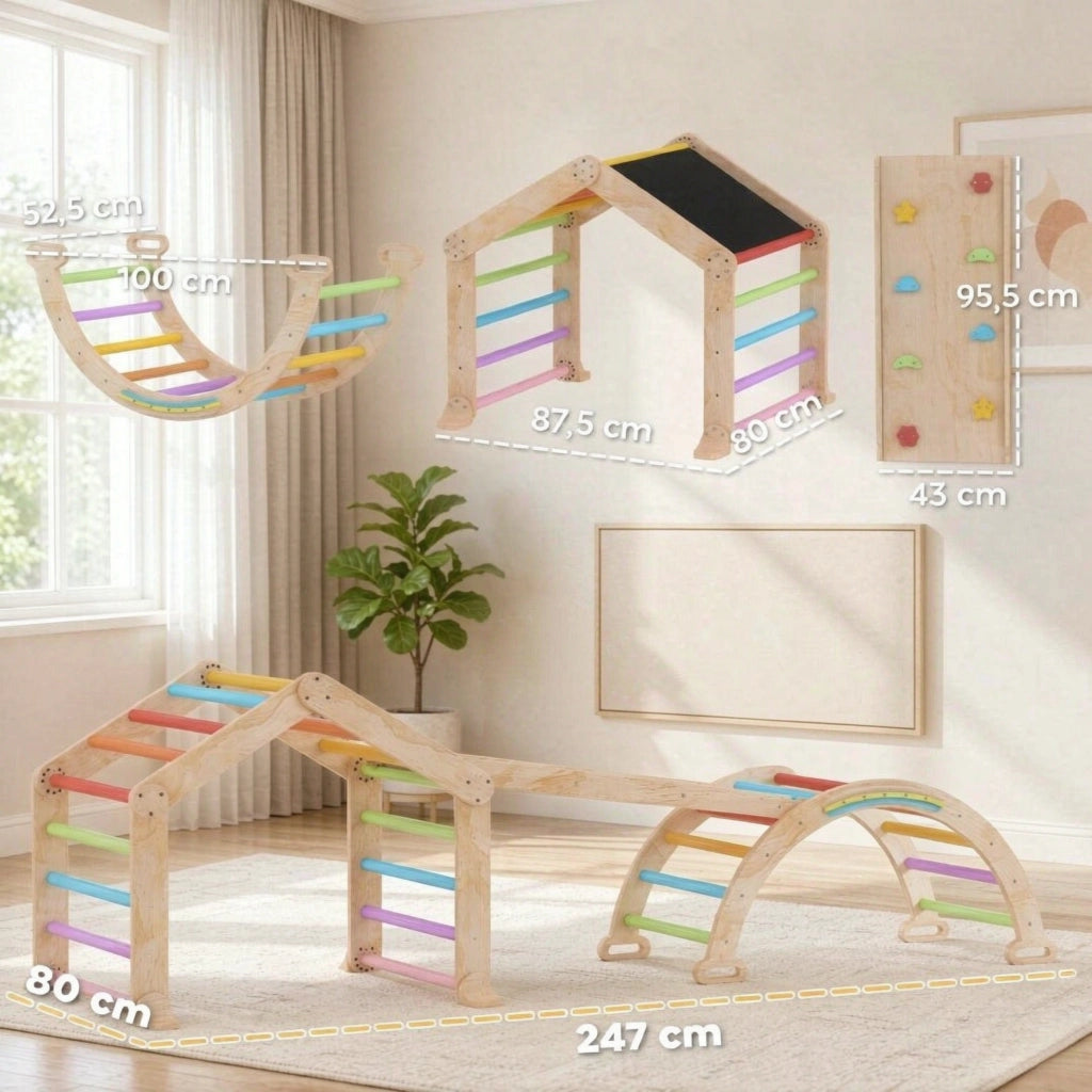 Triangolo di arrampicata multicolore per bambini con rampa reversibile, scivolo e struttura per arrampicata.