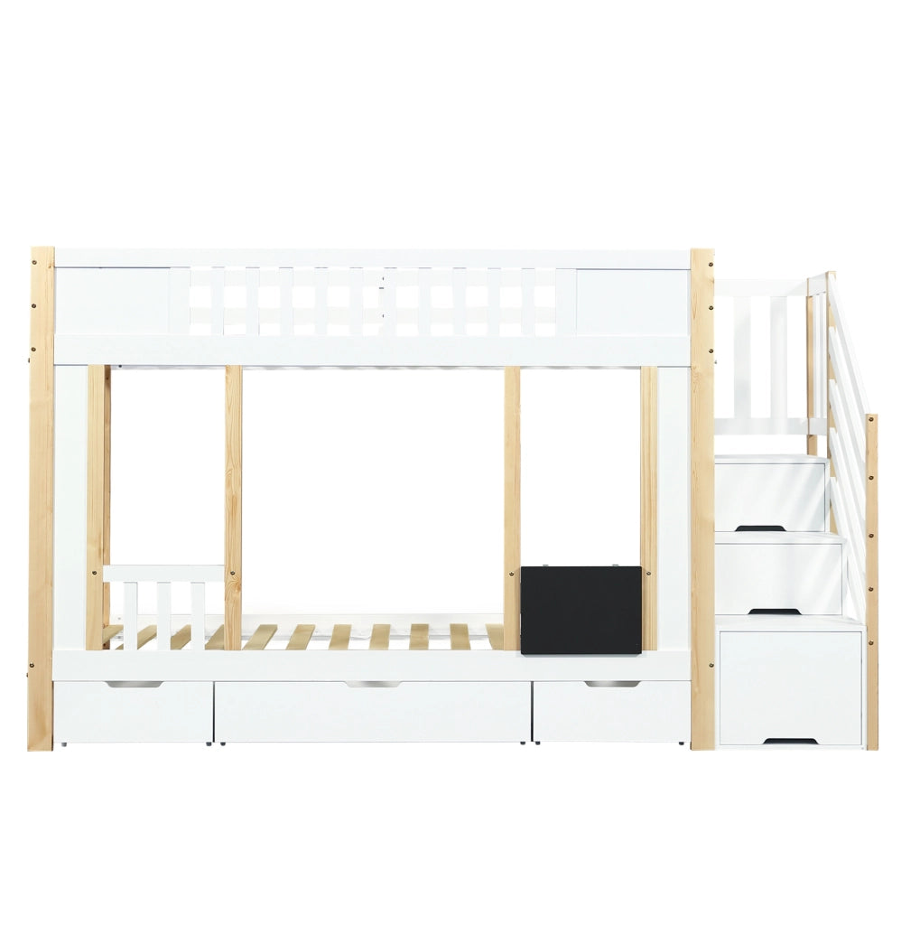 Letto a castello per bambini 90x200 cm con scala contenitore, 3 cassetti e lavagnetta, bianco e naturale
