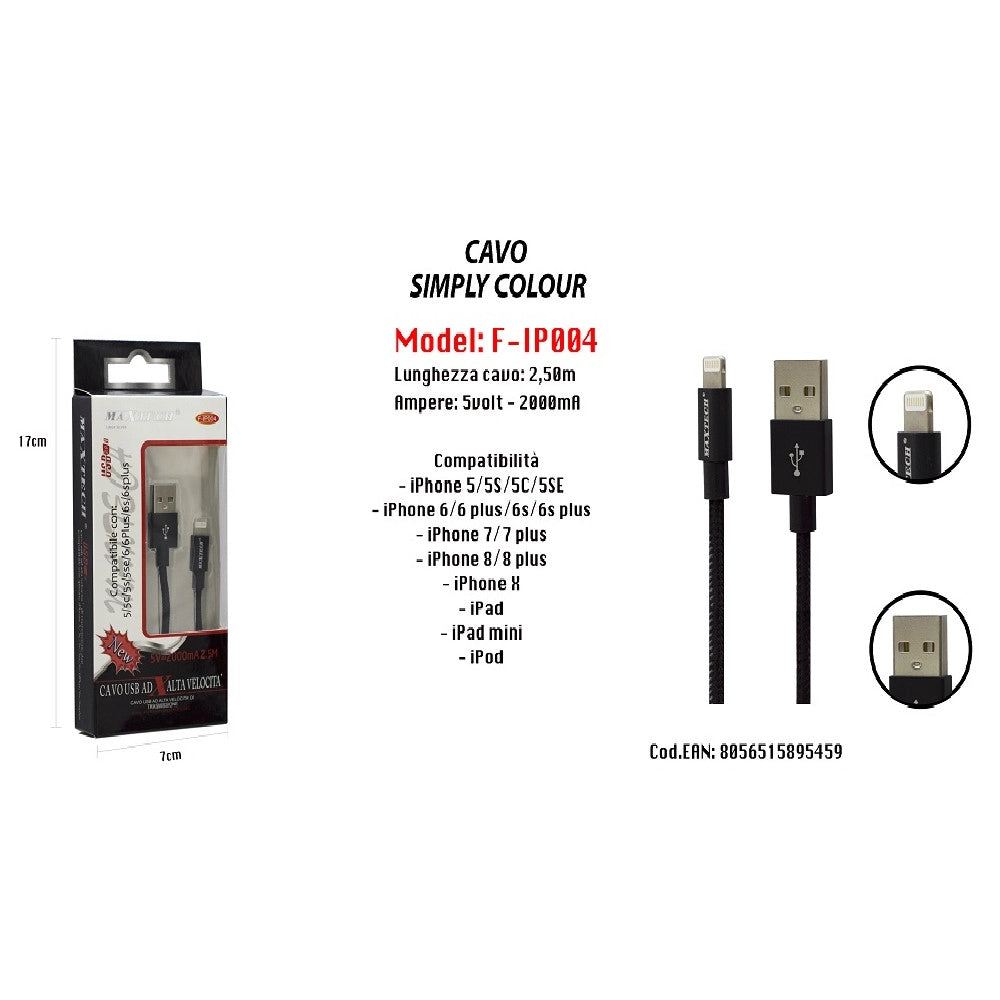 Trade Shop - Cavo Simply Colour Per Iphone Ipad Ipod 5volt - 2000ma 2,50mt Maxtech F-ip004 -