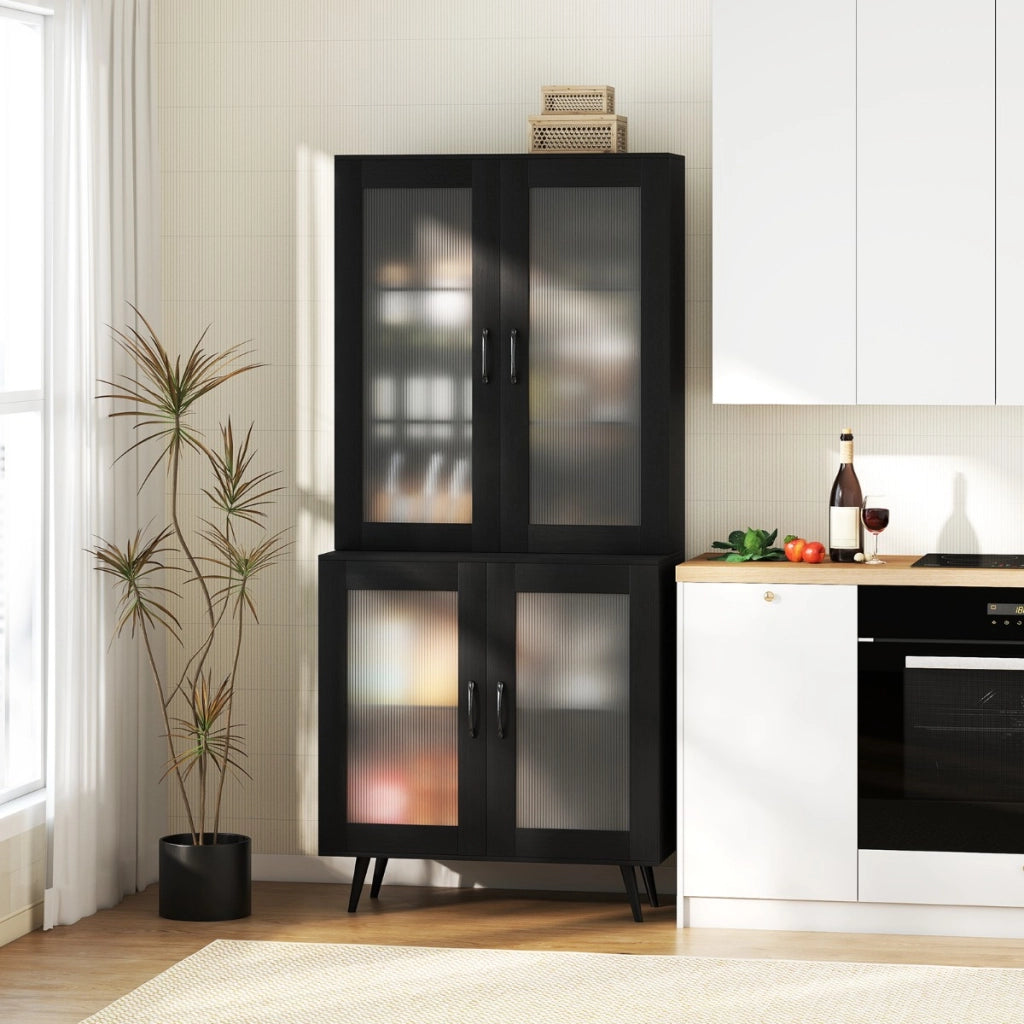 Madia autonoma con gambe in metallo per sala da pranzo soggiorno, Armadio dispensa da cucina 178,5 cm con 4 ante trasparenti Nero-Credenze buffet