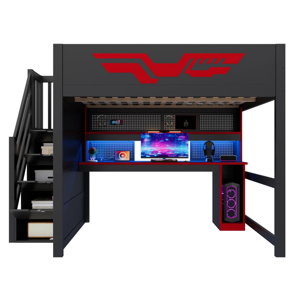 Letto a soppalco 140x200 cm con scrivania, scala contenitore, LED e USB