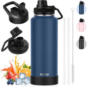 Termos per caffè da viaggio 40oz, Onda sport drink bottle in acciaio inossidabile 1L con beccuccio e 2 coperchi, bottiglia di acqua impermeabile BPA-free, termos da caffè Thermo, blu marino.
