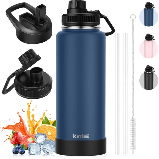 Termos per caffè da viaggio 40oz, Onda sport drink bottle in acciaio inossidabile 1L con beccuccio e 2 coperchi, bottiglia di acqua impermeabile BPA-free, termos da caffè Thermo, blu marino.