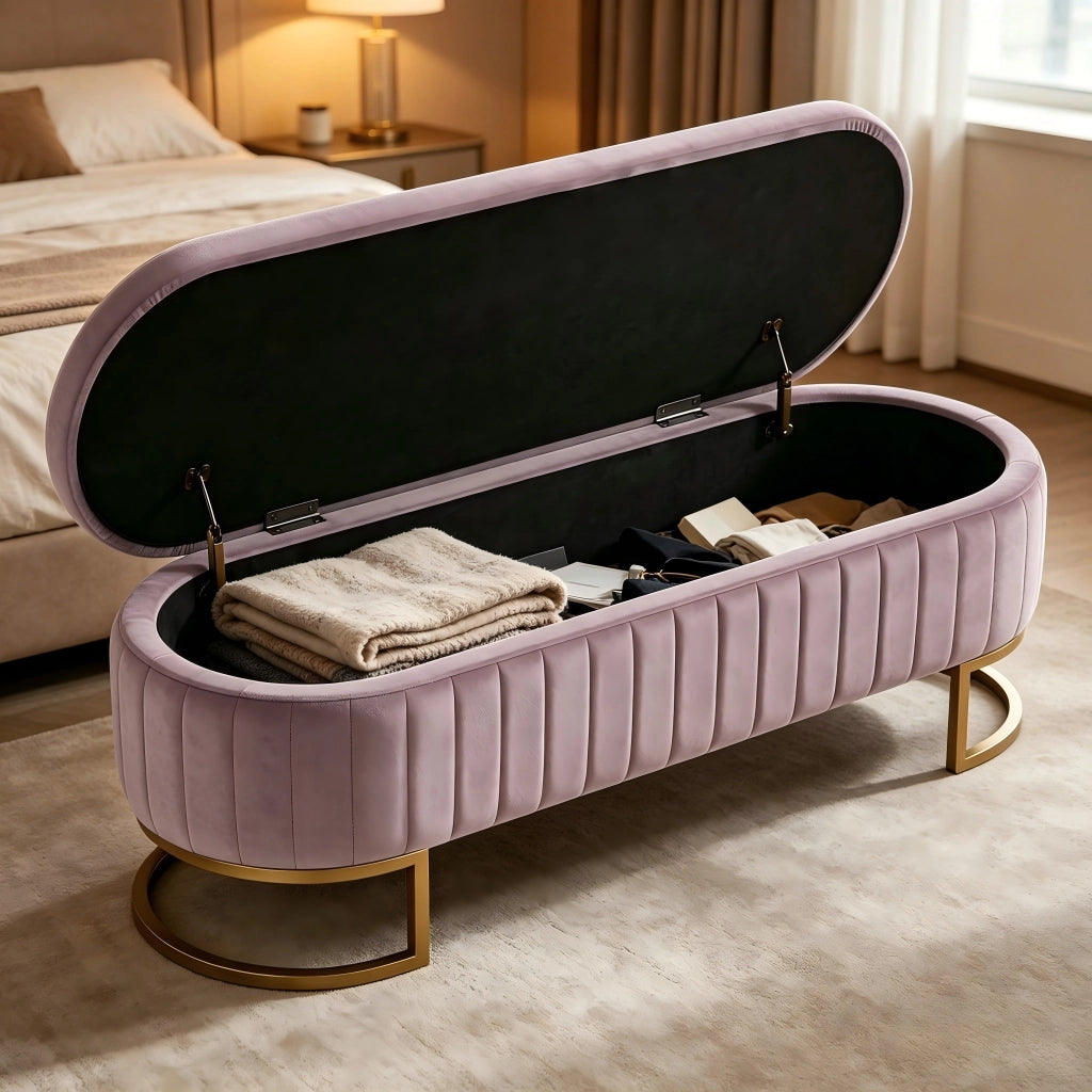 Panca da letto con contenitore in velluto, gambe in metallo dorato e trapuntatura verticale, rosa 130 cm