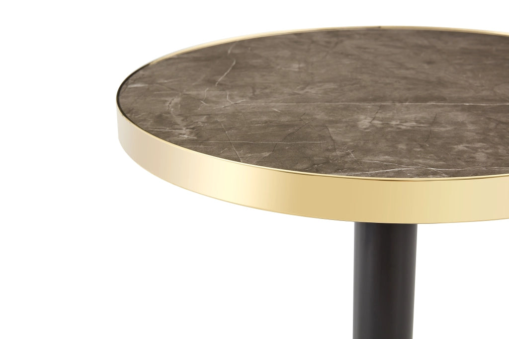 Tavolino basso rotondo con piano effetto marmo e bordo metallico dorato, base stabile in metallo, 60 × 73,7 cm