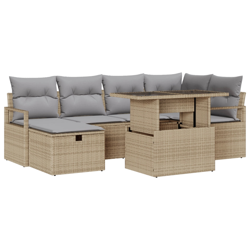 Set Divano da Giardino 7 Pezzi con Cuscini Beige Rattan Polyrattan