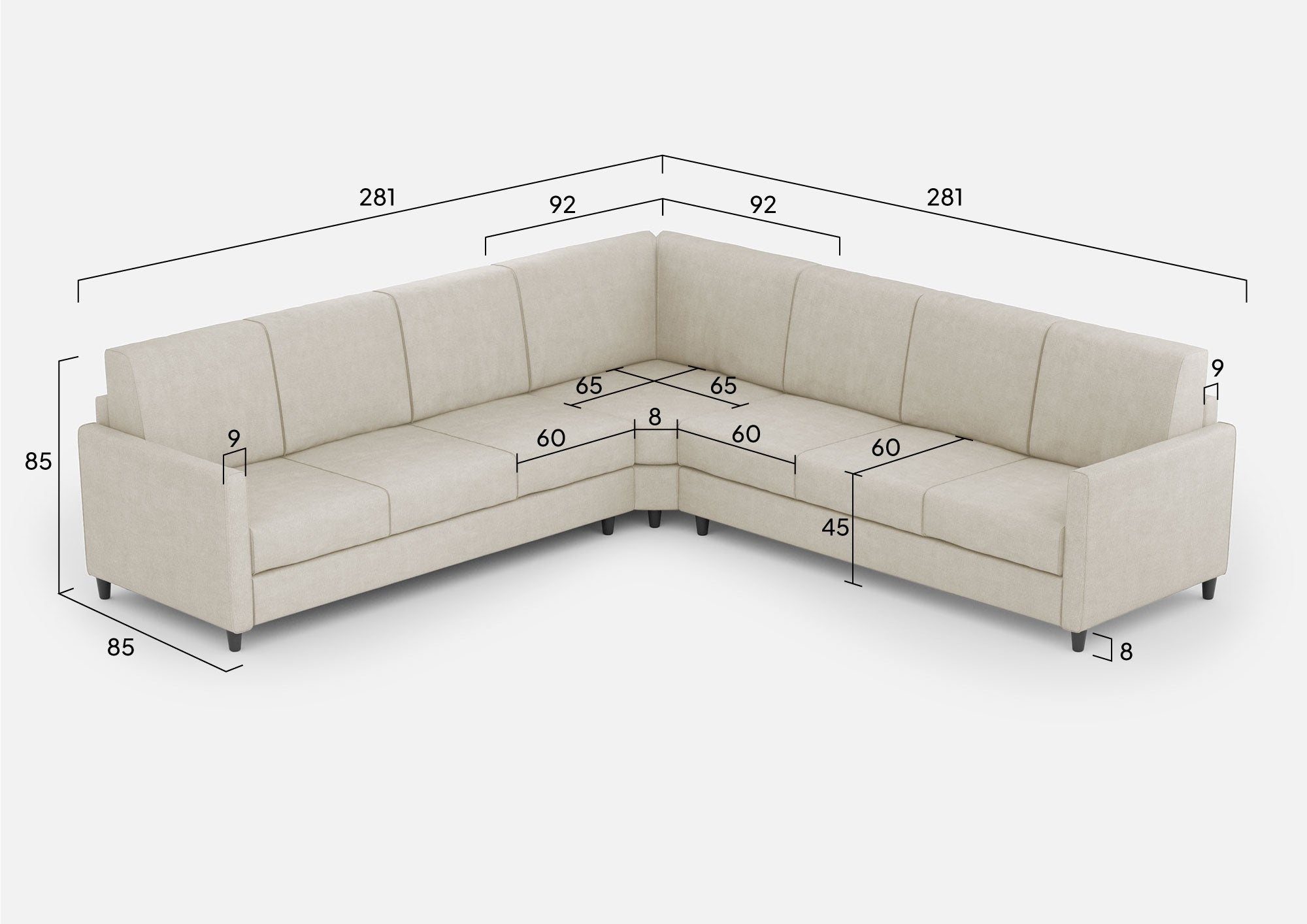 Divano Angolare 7 Posti 281x281x85 cm Karay in Tessuto Latte